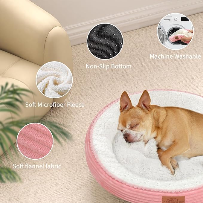 30in Pink Round Cat Dog Bed Gift for Large Medium Small Dogs Cats, Machine Washable Sleeping Sofa, Non-Slip Bottom Soft Calming Pet Cuddler for Indoor/Outdoor/Car/Cage, Fit up to 45lbs