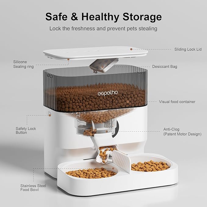 Automatic Cat Feeder - 5L Timed Cat Food Dispenser 2 Cats with 2 Way Splitter, 10s Meal Call Programmable Portion Control Pet Feeder with Desiccant Bag for Cats & Dogs