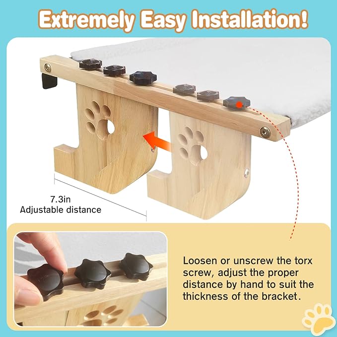 Cat Window Perch Sturdy Cat Window Hammock with Wood and Metal Frame-No Drilling Required-Multiple Ways to Use-Cat Bed for Windowsill,Floor,Bedside or Cabinet-Suitable for Large Cats(M-White Plush)