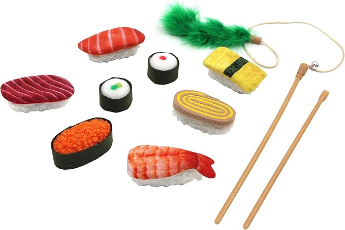 9 Assortments Pack Value Toy and Teaser Set, Interactive Catnip Cat Toys, Crinkle Toys, Feather Wand Toy, Accessories for Indoor Cat (Sushi Set)