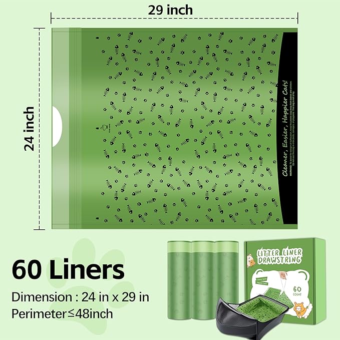 60 Count Self Cleaning Drawstring Cat Litter Box Bags Compatible with Litter-Robot 4 and 3, 24'' x 29'' Waste Bags, 9-11 Gallons Heavy Duty Kitty Litter Bags Replacement for Automatic Cat Litter Box