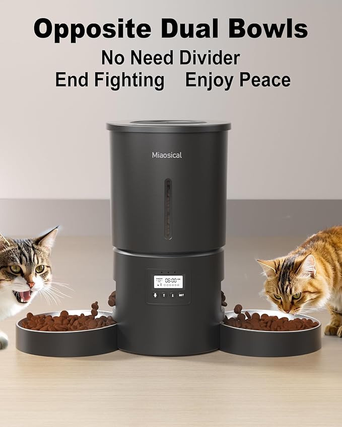 Automatic Cat Feeder for 2 Cats,4.2L Flexible Schedule,6 Meals/Day,1-12 Portions/Meal,Dual Power Auto Dual Pets Feeder Dry Food Dispenser,10S Voice Record(Black,4.2L+Stainless Steel 2 Bowls)