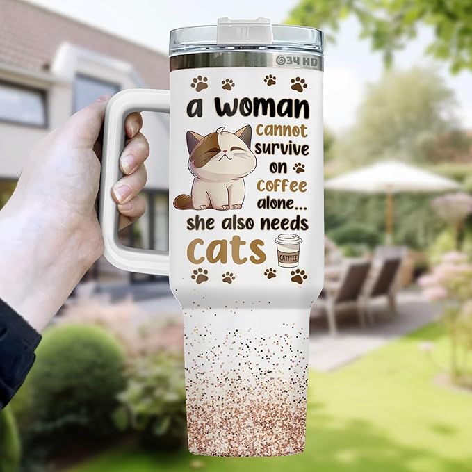 34HD Cat Lady Tumbler with Lid & Straw, 40oz Stainless Steel Vacuum Insulated Coffee Mug with Cats, Cute Kitty Gifts for Her Women, Cat Mom Gifts for Birthday Mothers Day Christmas