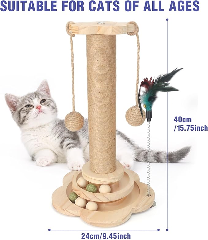 Cat Scratching Post Cat Toys for Indoor Cats 4 in 1 Wooden Ball Cardboard 2 Level with Cat Track Dangling Balls Cat Natural Sisal Scratching Bed Pad Cat Tree Feather Toy for Kittens Adult Cats