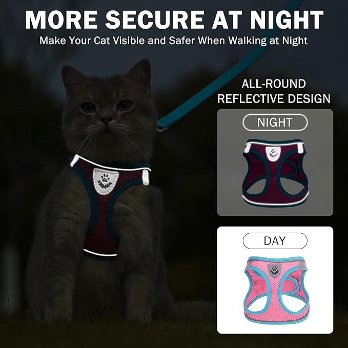 SCENEREAL Cat Harness and Leash Set Escape Proof, Adjustable Soft Air Mesh Kitten Harnesses for Girls Boys Small Medium Big Cats, Reflective Light Travel Pet Walking Vest for Puppy Rabbit, Pink XL