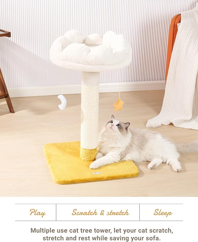 Happi N Pets 28" Large Cloud Cat Scratching Post with Bed(Ø15.3in), Cat Tree Tower for Indoor Cats, Tall Scratch Post with Natural Sisal Ropes & Soft Plush Perch, Removable Cover & Enhanced Base