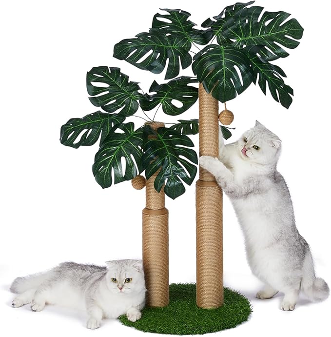 29.7inch Cat Scratching Post,Cat Scratcher Cat Tree with 2 Sisal Scratching Poles & 2 Interactive Dangling Balls,Cats Scratching Posts for Indoor Kitten & Adult Cats (2 Posts Monstera Tree)