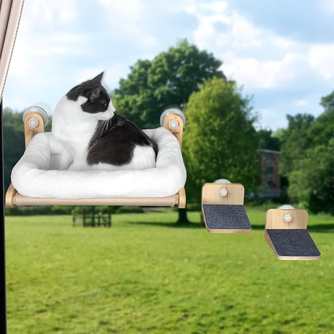 Cat Window Shelf, Cat Window Perch, Cat Window Hammock*1, Cat Pedestal for Window*2, Sturdy Solid Wooden Cat Window Perch Stairs,Cat Seat for Window Sill, Sturdy Window Step for Indoor Cats