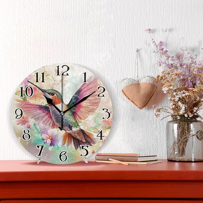 ALAZA Birds Clock Hummingbird Wall Clock Battery Operated Kitchen Clock 9.5 Inch Flowers Bathroom Clock Non Ticking Round Decorative Desk Clock Bedroom Living Room Decor
