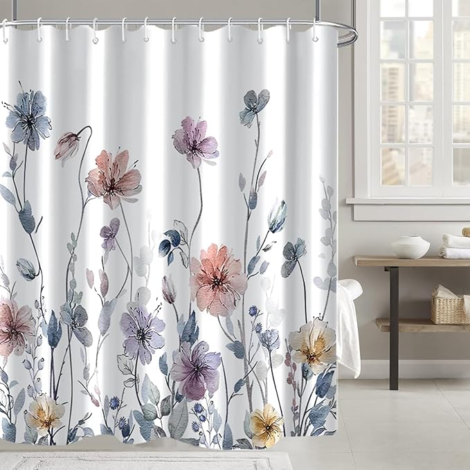AWERT Wildflower Shower Curtain for Bathroom Watercolor Floral Shower Curtain with Hooks Waterproof Flower Printing Fabric Bathroom Decor 72x84 inch