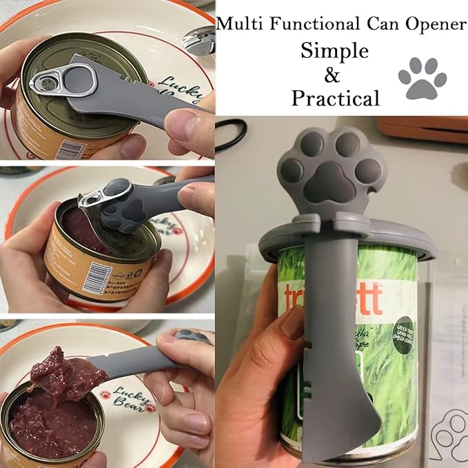 4 Pcs Cat Food Can Spoon & Can Covers | Cute Paw Silicone Pet Food Can Opener Spatula & Can Lids | Stainless Steel Wet Food Spoon for Cats and Dogs(Grey)