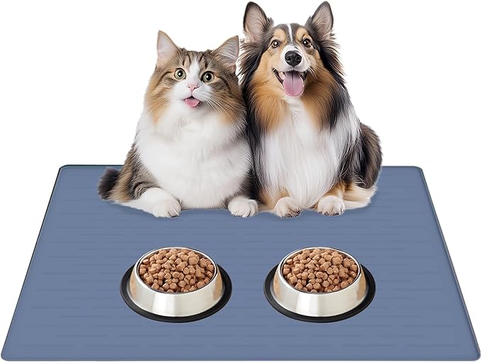 32"x24" Large Silicone Pet Feeding Mat, Waterproof Non-Slip Dog and Cat Bowl Mat for Food & Water, Durable Floor Protector to Prevent Spills, Easy to Clean, Lake Blue