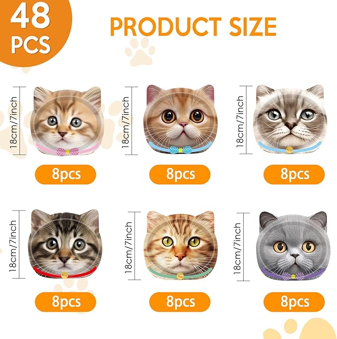 48 PCS Cat Birthday Party Decorations Cat Birthday Paper Plates Cat Theme Disposable Pet Party Plates for Kids Baby Shower Cat Party Supplies Serves 48