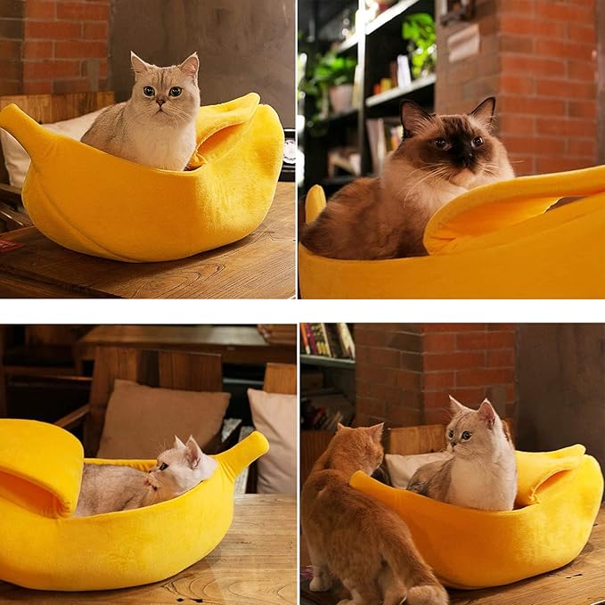 SEIS Winter Cat Banana Bed Dog House Warm Boat Pet Sleep Nest Cotton Cushion Coral Fleece Dog Pad Cat Mat (L)