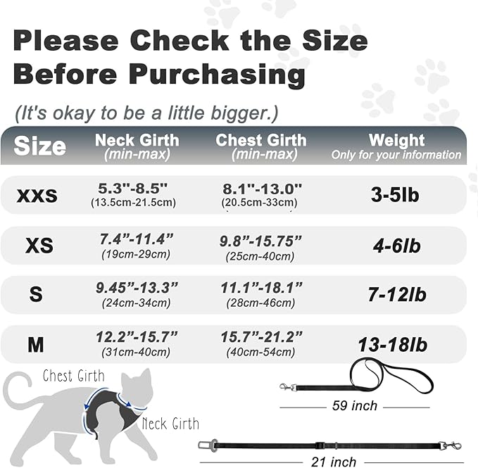 Cat Harness, Cat Harness and Leash for Walking, Adjusted in Four Directions and Breathable Cat Harness for Anti Escape That can be Fitted and Positioned, Reflective Strips Harness, Black, S