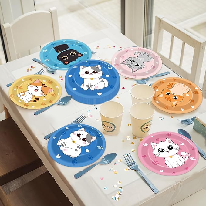 48Pcs 7" Cat Theme Party Paper Plates Kitten Dessert Birthday Supplies Kids Girls Birthday Dinner Table Decorations Cat Paw Disposable Dinnerware Plates for Baby Shower Party Favors