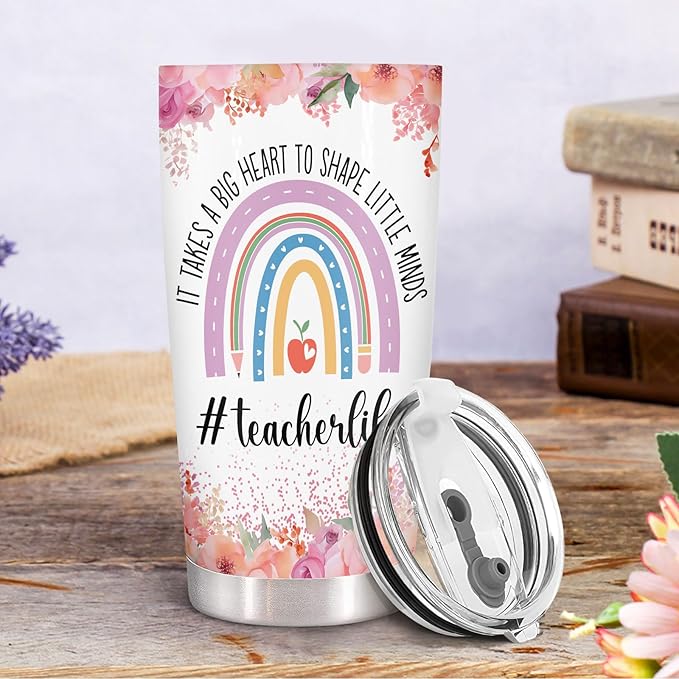 34HD Teacher Tumbler with Lid, 20oz Stainless Steel Coach Life Mug, It Takes Big Heart To Shape Little Minds Cup, Unique Gifts for Teacher Appreciation Birthday Christmas School