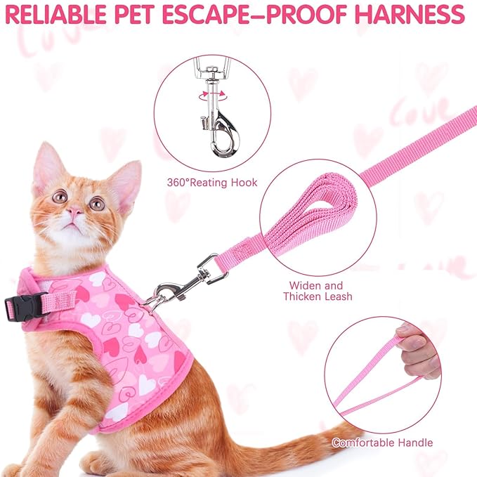 BINGPET Cat Harness and Leash Set Escape Proof for Walking,Step-in Harness with Lightweight Soft Breathable Mesh,Adjustable Easy Control Harness for Kitten Puppy Small Medium Large Cats(Heart,M)