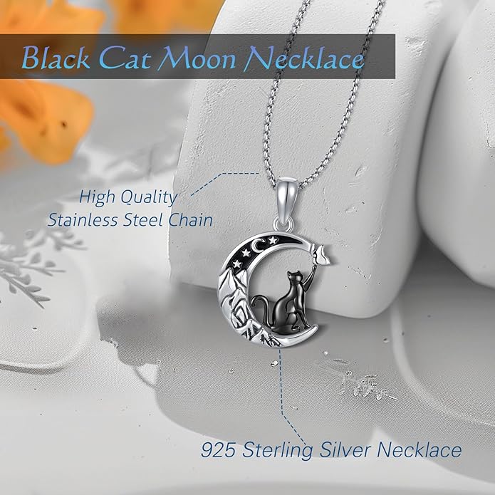 AUDINCCED Black Cat Necklace Turtle Necklace Gothic Jewelry Butterfly Necklace Cat Necklace 925 Sterling Silver Crescent Moon Necklace for Women Cat Gifts for Cat Lovers