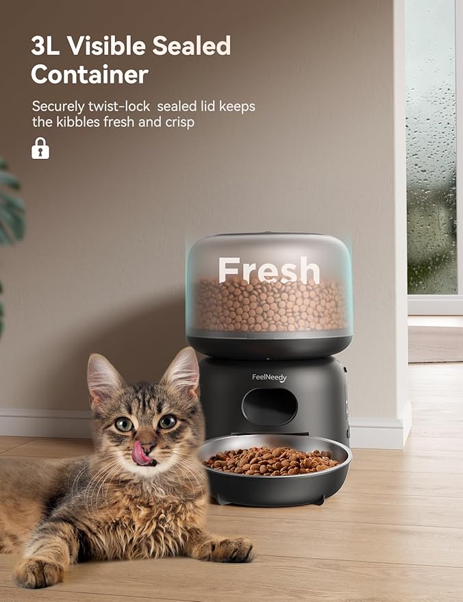 Automatic Cat Feeder WiFi Connected,FEELNEEDY 3L Cat/Dog Food Dispenser, Timed Pet Feeders for Dry Food,Up to 36 Portions 10 Meals Per Day (Only Support 2.4G WiFi)