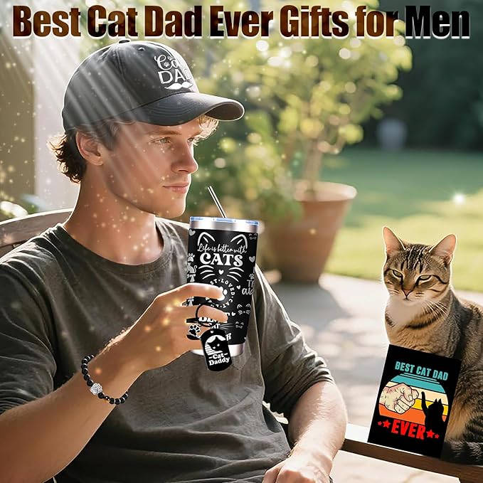 9 Pieces Cat Dad Gifts for Men, Cat Lover Gifts for Men with 20 Oz Tumbler Baseball Cap Socks Bracelet Keychain Bookmark Bottle Opener Greeting Card, Father’s Day, Birthday, Christmas Gift