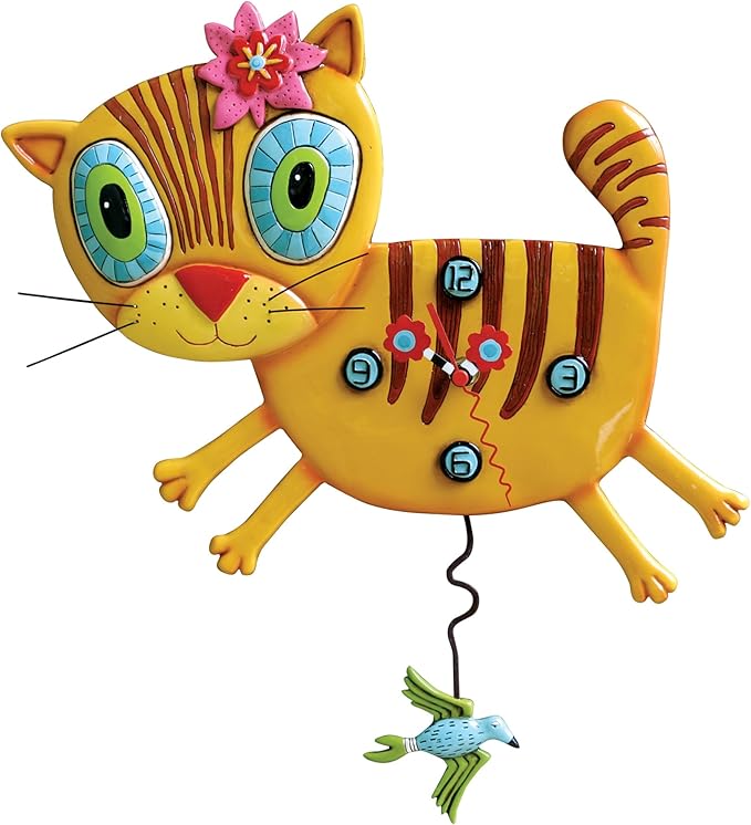 Allen Designs Enesco Kimi The Kitty with Flowers Sculpted Pendulum Wall Clock, 11.5 Inch, Orange
