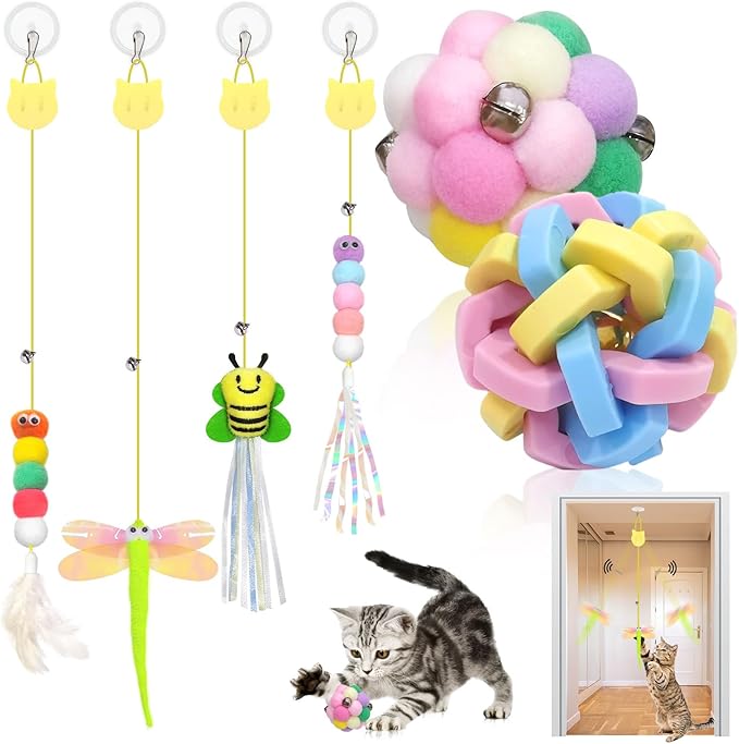 6pcs Door Hanging Cat Toys for Indoor Cats Self Play, Kitten Cat Toys for Bored Indoor Adult Cats, Cute Cat Ball Toy with Bell, Colorful Realistic Bee Dragonfly Caterpillar Interactive Cat Toy