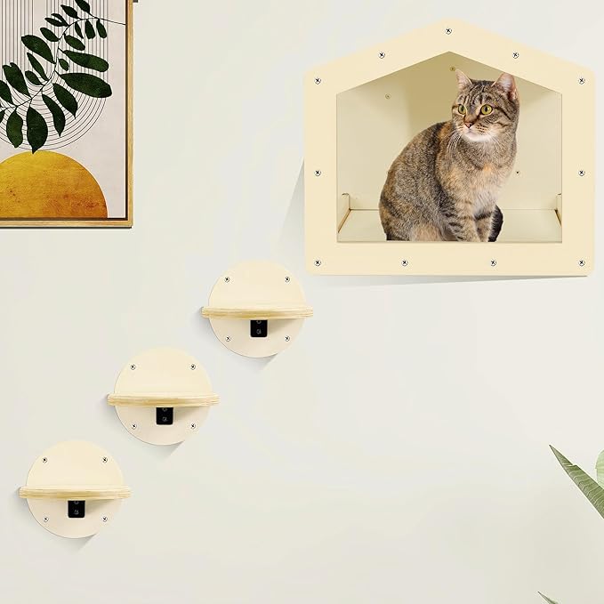 Cat Wall Shelves, Cat Shelves and Perches for Wall, Cat House Fit Cat Up to 25Lbs, 1 Cat Condo House and 3 Large Cat Steps with Scratching Pad, Cat Climbing Shelf for Indoor, Cat Wall Furniture