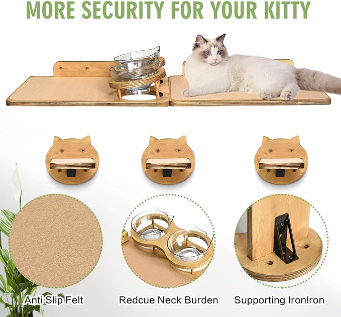 Cat Wall Shelves, Wood Cat Shelves for Wall with Cat Feeding Station, Cat Wall Furniture with 3 Cat Wall Steps, Cat Shelves and Perches, Wall Mounted Cat Climbing Shelf, Cat Lover Gift, 4 Board