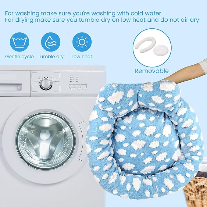 Cat Bed & Dog Bed, Removable Cozy Soft Cat Bed Washable Round Cute Dog Bed with Jacquard for Small Medium Cats and Dogs, Blue Sky XS