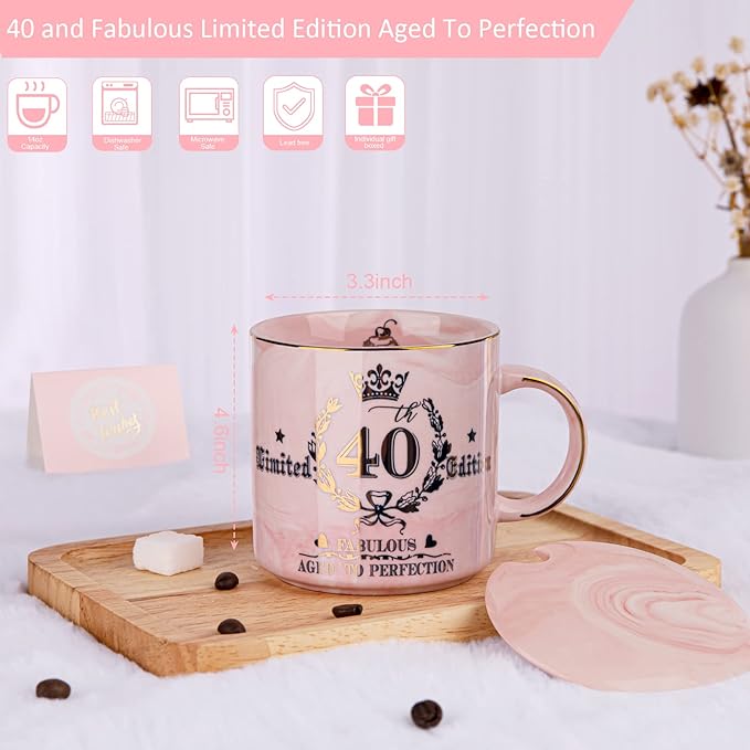 40th Birthday Gifts Women, Unique 40 Year Old Birthday Gifts Idea, Fabulous 40th Limited Edition, 1984 Birthday Gifts for Her Mom Wife Female Friend, 14oz Golden Pattern Mug, Lid, Spoon, Bow Gift Box