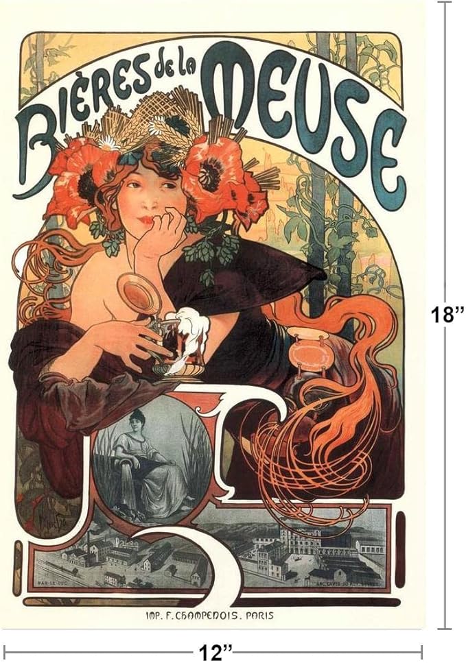 Alphonse Mucha Bieres De La Meuse Art Print Art Nouveau Vintage Beer Advertisement French France 1897 Poppies Wheat Hops Summer Seasons Cool Wall Art Print Poster 12x18
