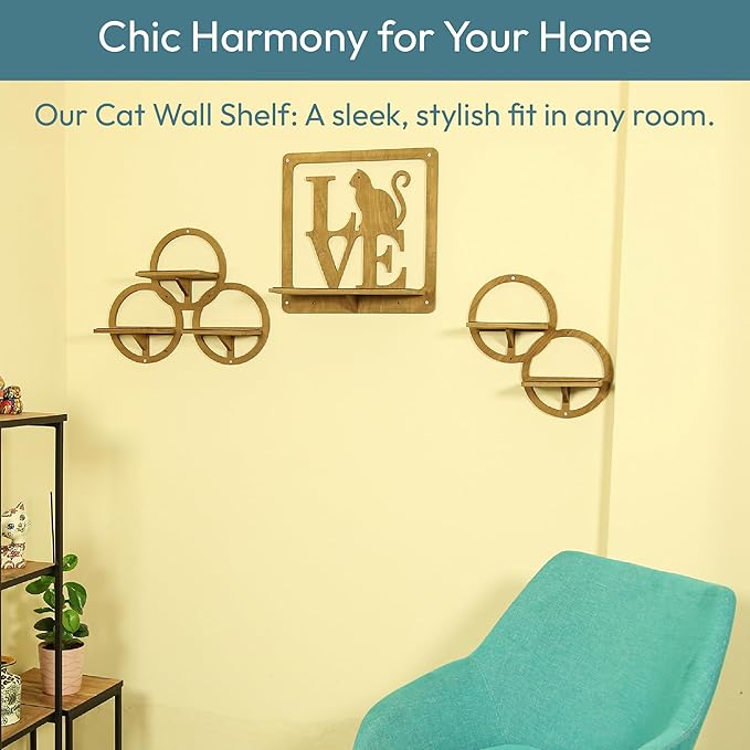 Cat Wall Shelves and Perches 3 PCS Beechwood - Mounted Cat Wall Furniture for Indoor Cats for Climbing Playing and Lounging - 5 Cat Wall Steps with Cat Shelves and a Cat Wall Bed