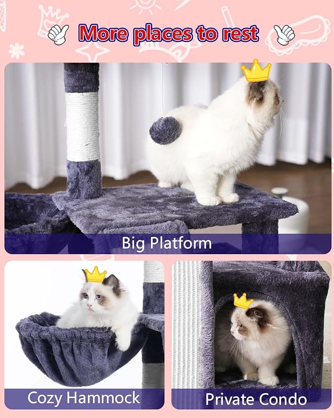 Cat Tree, Cat Tower with condo, Basket, Large Bed, Platform, Scratch Board, Cat Scratching Posts for Indoor Cats, Smoky Gray GCT002SG