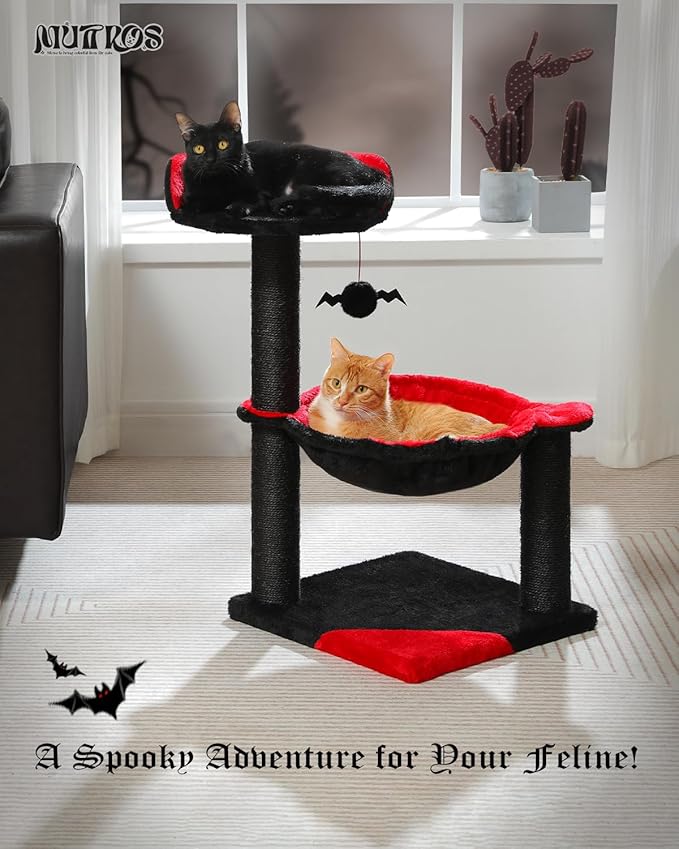 Gothic Cat Tree with Coffin Cat Bed, Spooky Cat Tree with Black Scratching Posts & Halloween Cat Tower & Large Hammock for Small Kittens, Cat Toy Black Bat Included