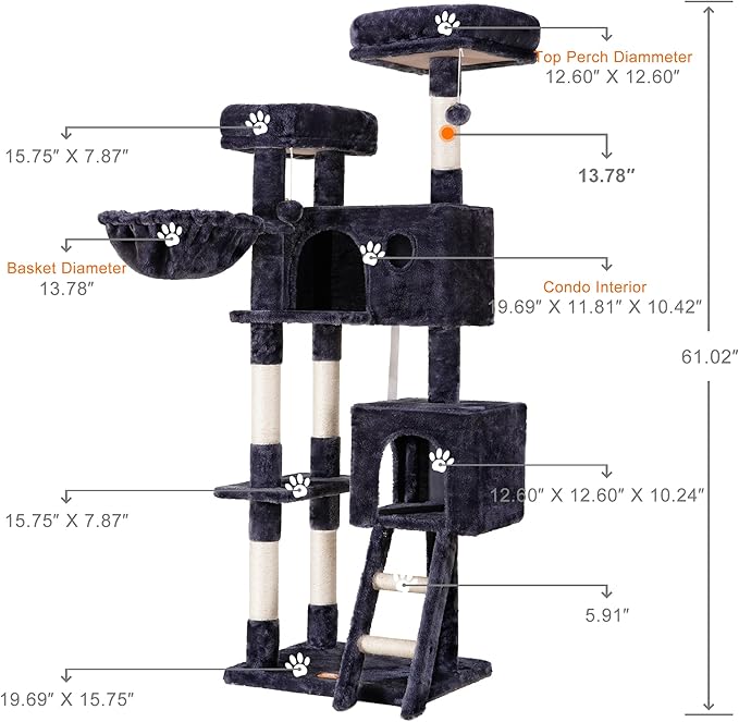 Heybly Cat Tree, Cat Tower for Indoor Cats,Multi-Level Cat Furniture Condo for Large Cats with 2 Padded Plush Perch, Cozy Basket and Scratching Posts HCT023G