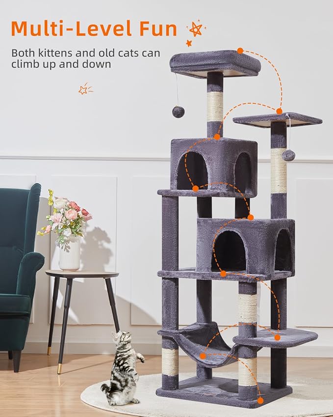 Taoqimiao Cat Tree, 61-Inch Cat Tower for Indoor Cats, Plush Multi-Level Cat Condo with 5 Scratching Posts, 2 Perches, 2 Caves, Hammock, 2 Pompoms, Smoky Gray MS013SG