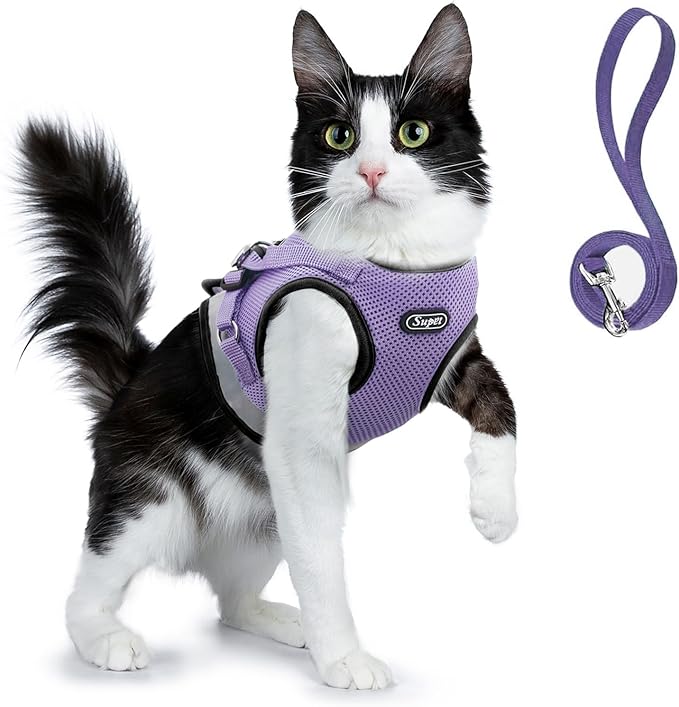 Supet Cat Harness and Leash Set - Soft Mesh Adjustable Cat Vest Harness with Reflective Strap for Walking Cat and Puppy Rabbit