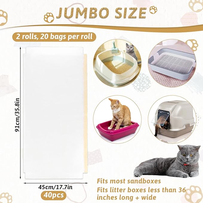 40 Pieces Jumbo Cat Litter Box Liners, 36"x18" Drawstring Close Cat Litter Bags Automatic Litter Box Bags Heavy Duty Cat Litter Waste Receptacles Bags, Extra Thick, Tear & Leak Resistant, Easy Cleanup