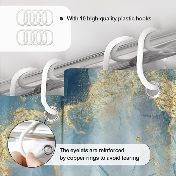 AWERT Teal Marble Shower Curtain for Bathroom Waterproof Quick-Drying Modern Abstract Shower Curtain Set with Hooks 60x72 Inch