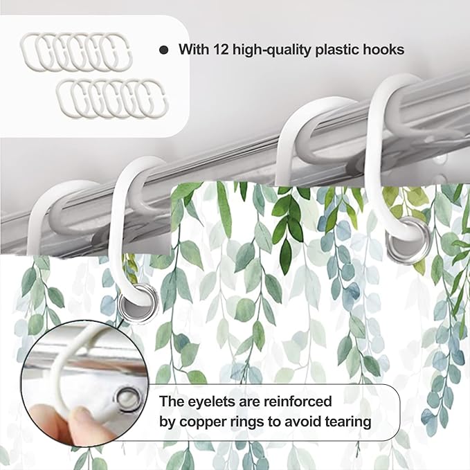 AWERT Plant Shower Curtain for Bathroom Sage Green Eucalyptus Waterproof Quick-Drying Green Leaves Shower Curtain Set with Hooks 72x84 Inch