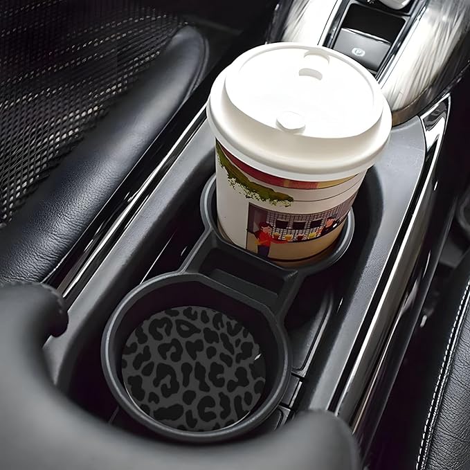 Absorbent Ceramic Car Coasters for Cup Holders, Black Leopard Cheetah Print Design 2.56" Anti Slip Universal Drink Cup Coasters for Women Men (2 Pack)