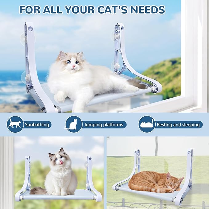 Cat Window Sill Perch - 4 Strong Suction Cups, Cordless Cat Hammock 2 Support Modes, Spacious and Comfortable Cat Gift - for Sunbathing/Napping/Looking Out - Holds Up to 40 Lbs