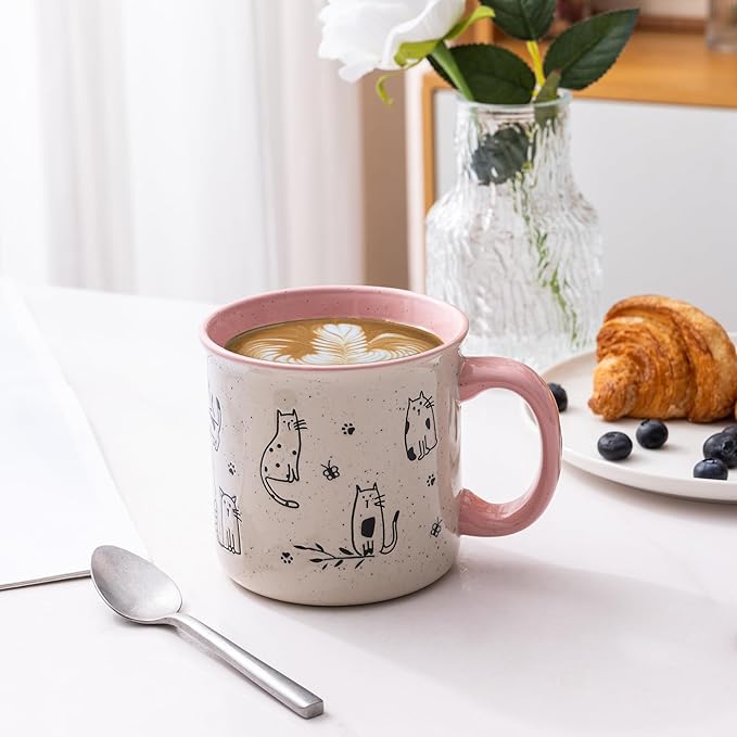 AmorArc 22 OZ Large Ceramic Coffee Mugs Set of 2, Oversized Mugs With Big Handle for Men Women Dad Mom, Big Mug With Textured Dogs Cats Patterns for Office & Home -Microwave Safe, 2 Pcs-Pink