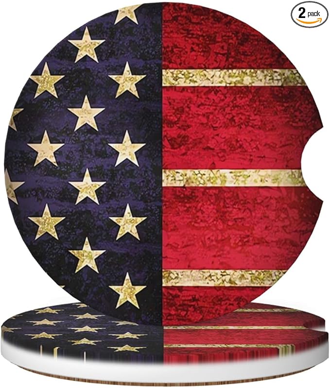 Absorbent Ceramic Car Coasters for Cup Holders, Vintage American Flag Design 2.56" Anti Slip Universal Drink Cup Coasters for Women Men (2 Pack)