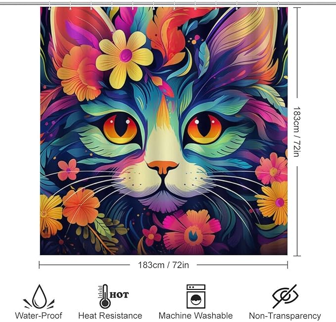 4 Pieces Colorful Abstract Cat Shower Curtain Set Funny Flower Animals Glam Bathroom Decor Sets with Rugs Bathroom Accessories Set Bathroom Curtain Shower Set with 12 Hooks