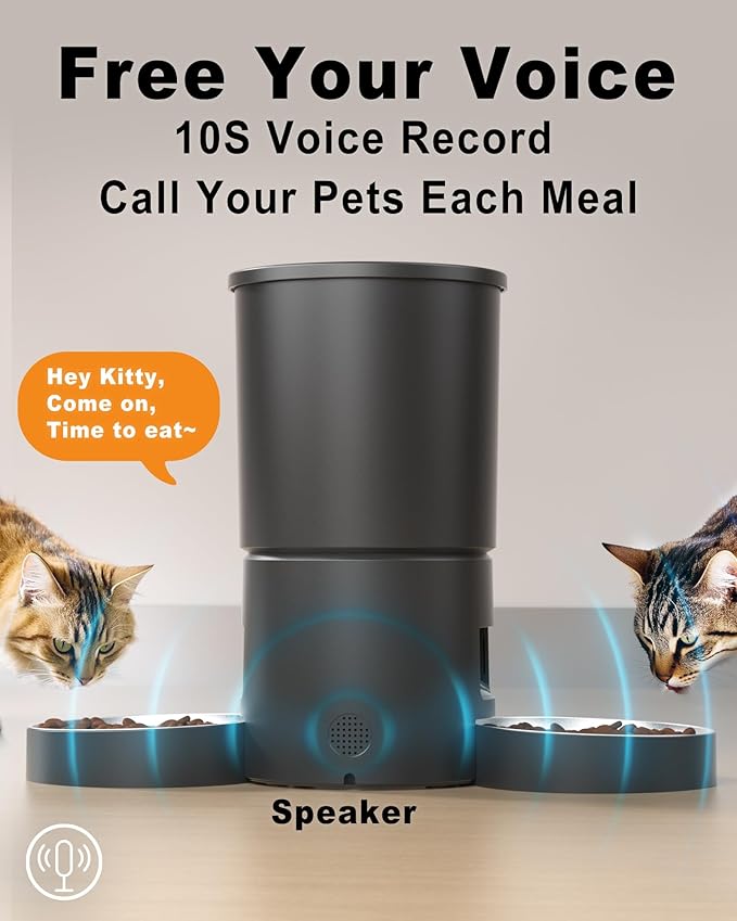 Automatic Cat Feeder for 2 Cats,4.2L Flexible Schedule,6 Meals/Day,1-12 Portions/Meal,Dual Power Auto Dual Pets Feeder Dry Food Dispenser,10S Voice Record(Black,4.2L+Stainless Steel 2 Bowls)