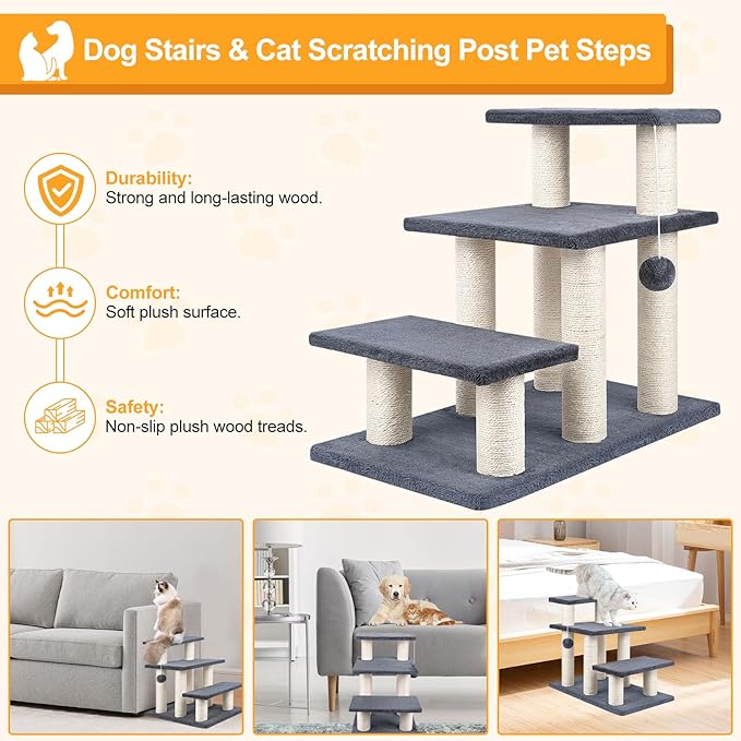Dog Stairs, Cat Scratching Post 3 Steps Stairs for Cats and Dogs, Stable 20 inch Pet Stairs for High Beds & Sofas Protect Pet's Joints, Grey