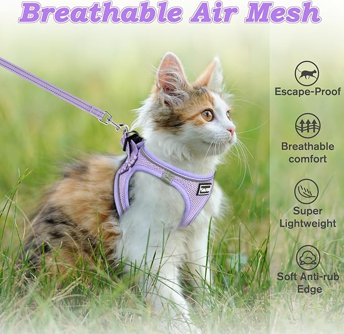 Cat Harness and Leash for Walking Escape Proof, Adjustable Kitten Vest Harness Reflective Soft Mesh Puppy Harness for Outdoor, Comfort Fit, Easy to Control (Purple, S)