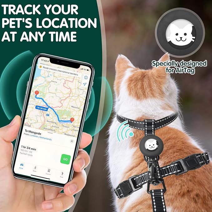 BINGPET Cat Harness and Leash Set Escape Proof for Walking,Adjustable Kitten Harness with Airtag Holder for Small Medium Large Cats,Easy Control Soft Harness with Reflective Stripes(Black Reflective)